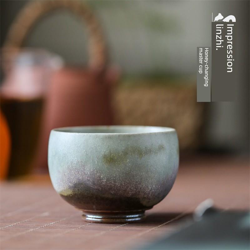 淡紫色窑变绿粗陶茶碗景德镇纯手工陶瓷茶具覆古茶杯主人杯单杯大