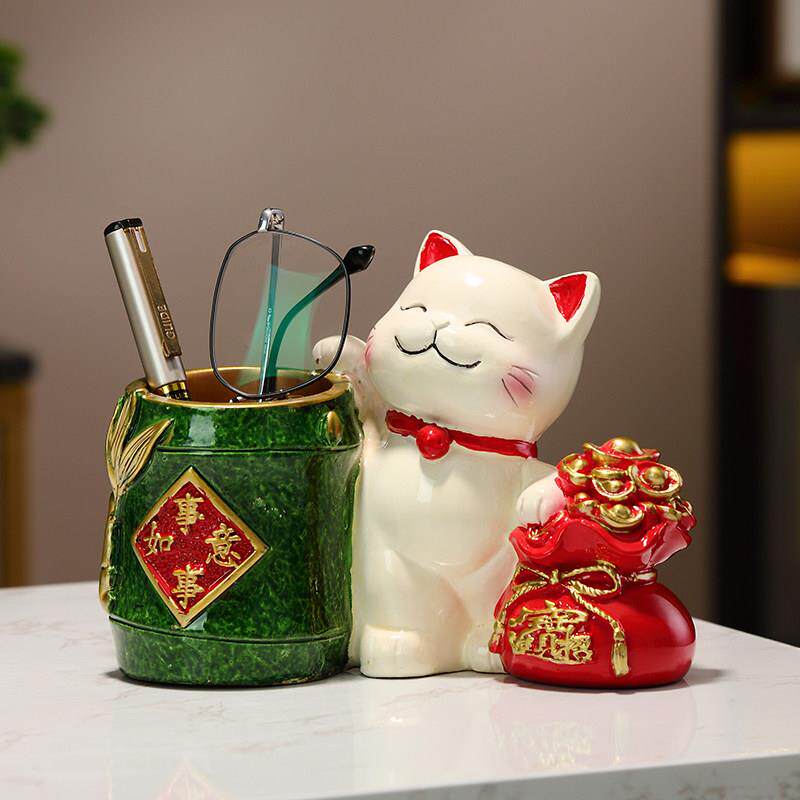 轻奢客厅书房笔筒摆件创意招财猫事事如意装饰办公室节节高升摆设