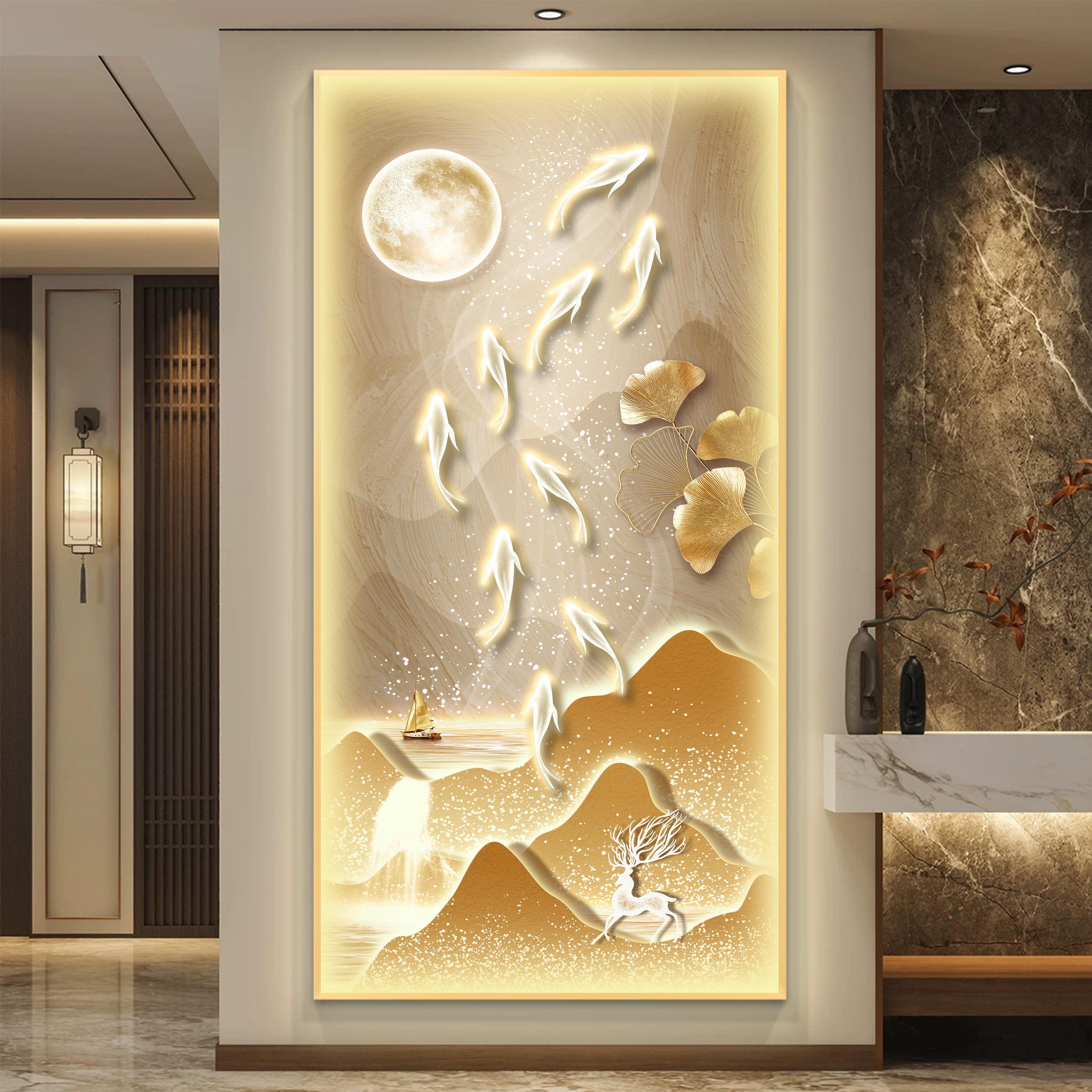 轻奢九鱼图 LED灯画入户门玄关装饰画银杏福鹿招财山水氛围灯挂画
