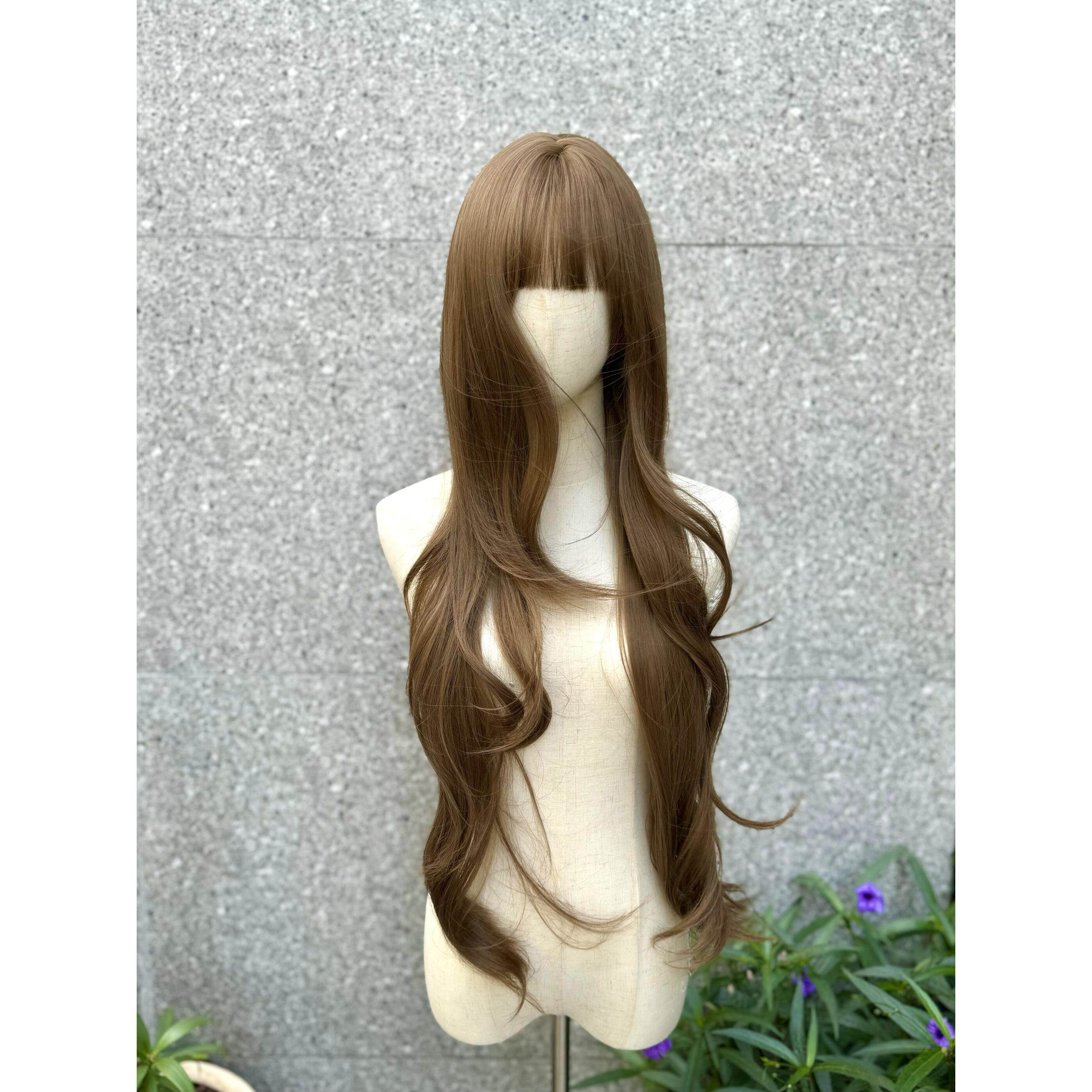 野人拾宝加长86cm蜜糖奶茶金棕高温丝S发缝超长卷发齐刘海假发套