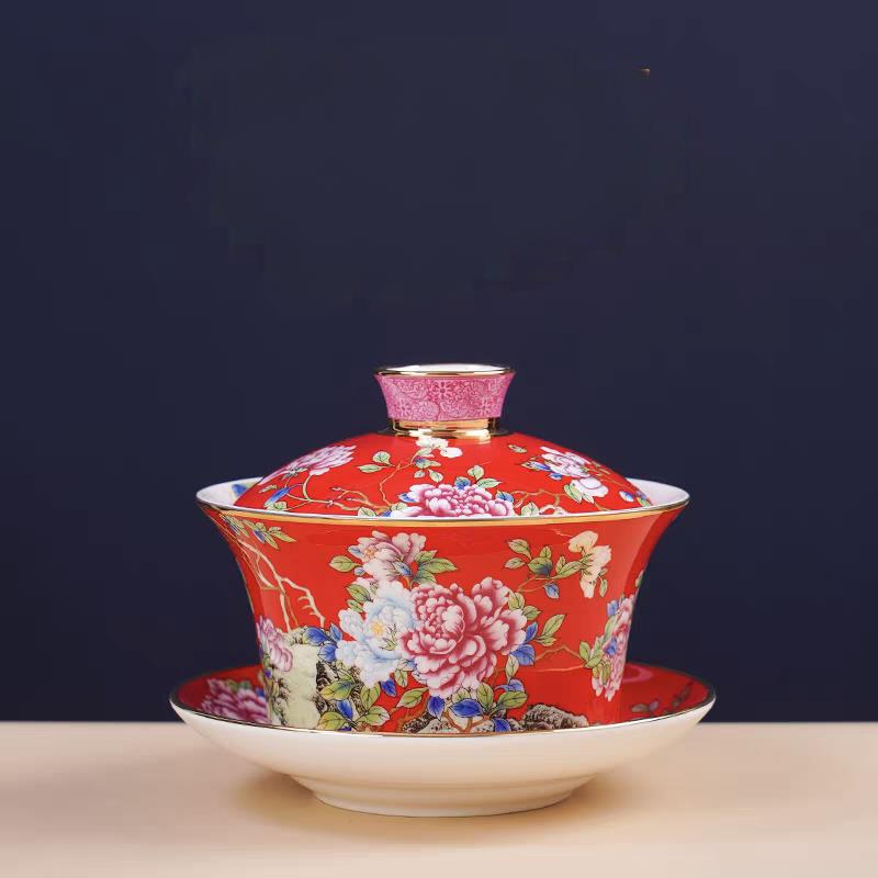 高温骨瓷珐琅彩牡丹大号盖碗陶瓷八宝茶盖碗三炮台碗子茶碗家用