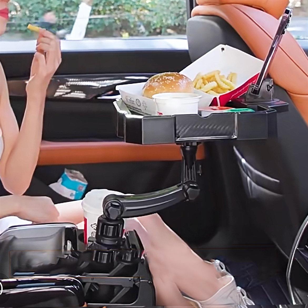 车载小桌360度桌板旋转加长餐桌托盘车载水杯位置物手机架