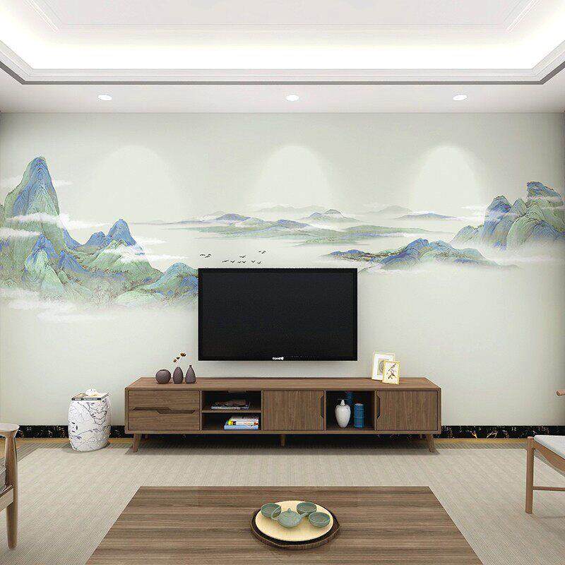 3d新中式电视背景墙壁纸自粘山水风景客厅轻奢墙布贴画千里江山图