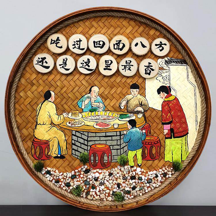 手绘竹编圆形覆古簸箕画民宿餐馆饭店墙壁背景挂画农家院装饰挂件