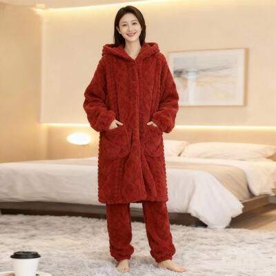 冬季女士中长款加绒加厚连帽大码套装睡衣可外穿睡衣家居服套装