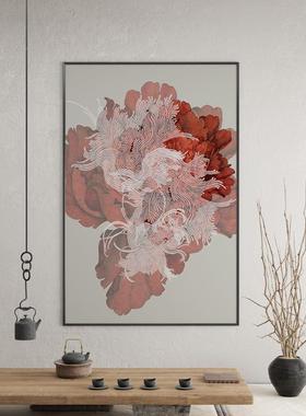 新竖中式装饰画SF709026客厅玄花关背景墙壁画轻奢红色抽象版卉办