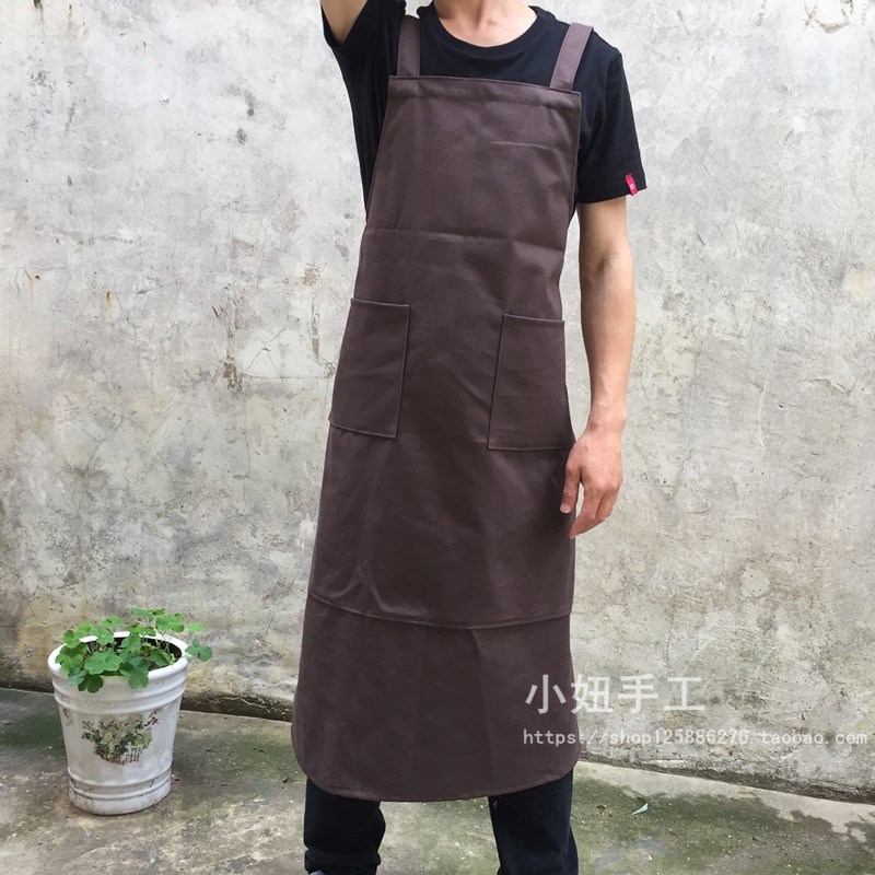 双肩长版帆布围裙纯卡其布色手工工作文艺美术绘画烘焙木匠奶茶店