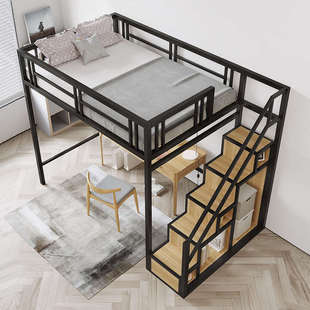 铁艺高架床复式二楼床单双层空间高低上铺上层公寓小户型阁楼床省