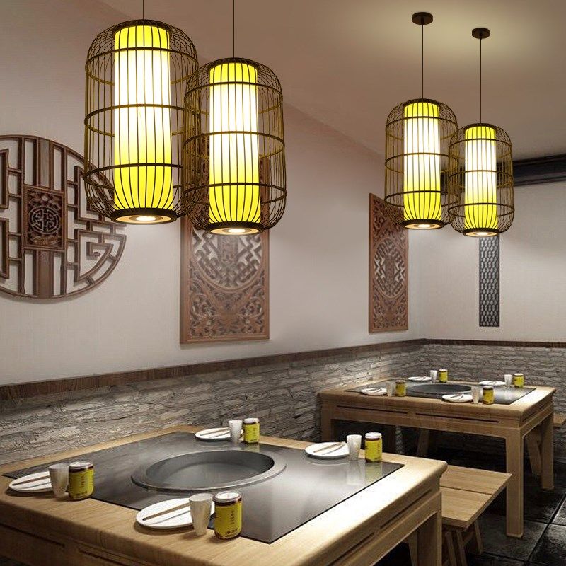 新中式鸟笼吊灯包厢禅意茶室竹艺灯笼创意餐厅饭店火锅店灯带射灯