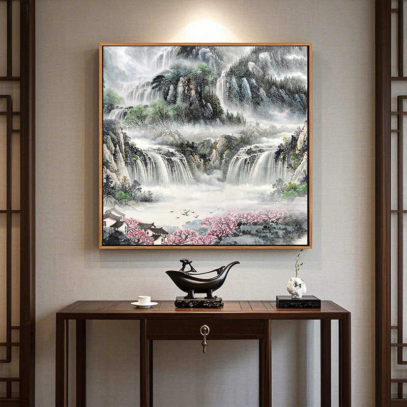 迎客松挂画绿水青山玄关装饰画办公室中式壁画客厅山水风景画松树