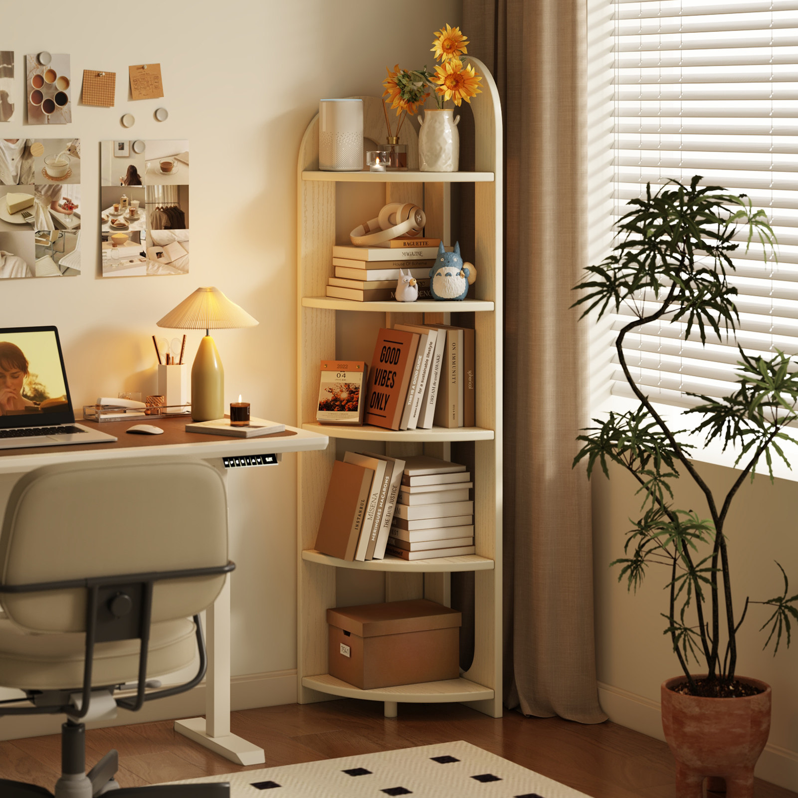 实木扇形书架家用置物架客厅角落收纳架简约沙发旁多层储物架子