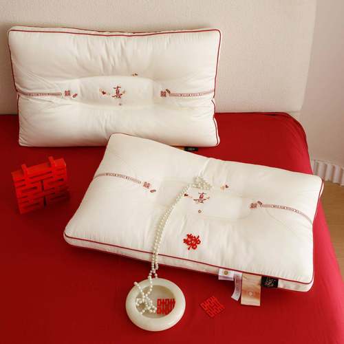 全棉喜字刺绣立体枕芯保护颈椎单人枕头柔软中低高度大豆纤维枕芯