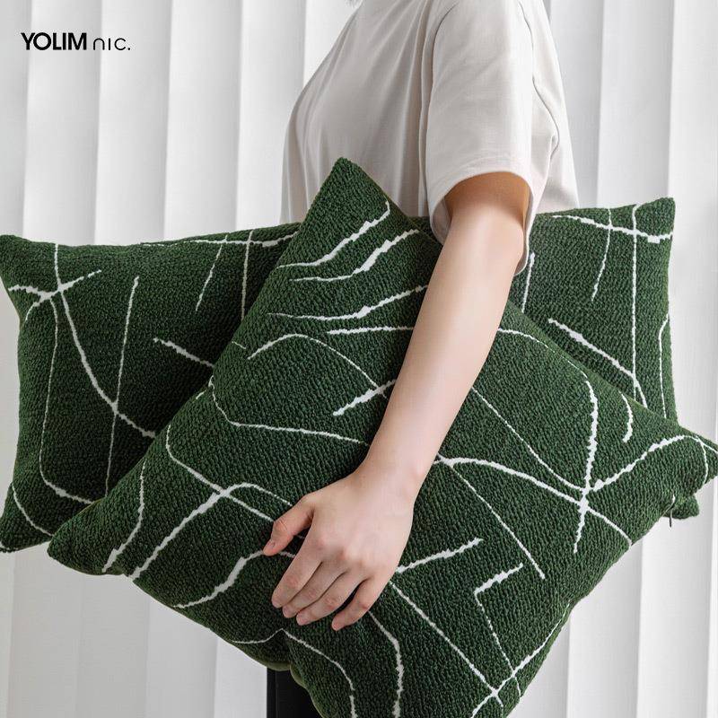 复古森林绿沙发抱枕客厅现代简约几何线条靠枕长条形腰枕卧室靠垫