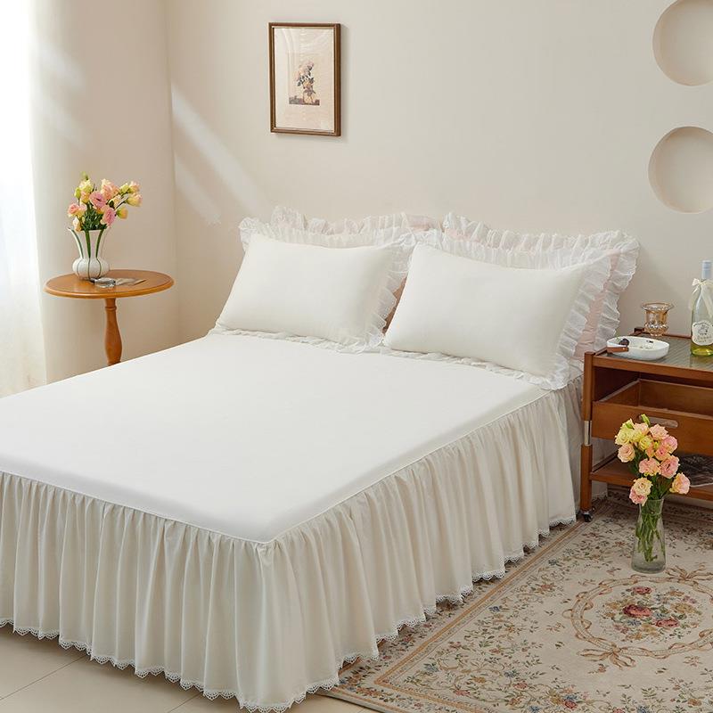 纯棉白色床罩床裙式单件防滑荷叶边全棉床单1.8x2x2.2m床套保护套