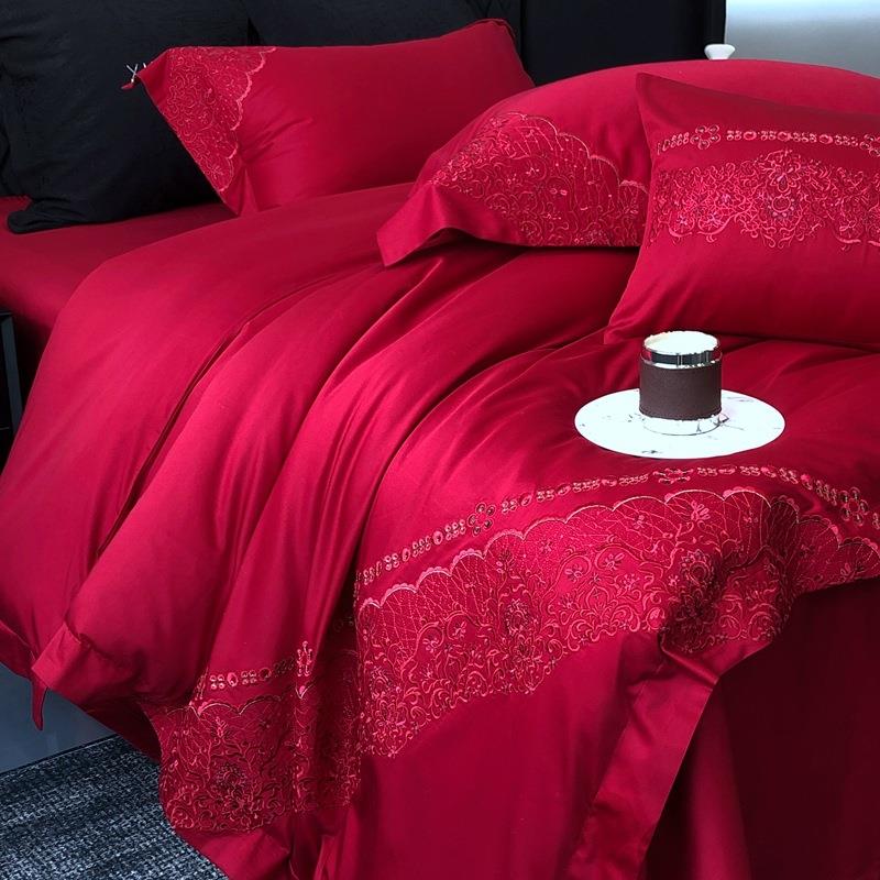 高奢匹马棉纯色大红婚庆100支长绒棉玫瑰刺绣四件套婚假日常床品4