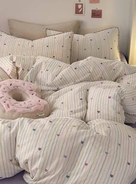 少女心紫色爱心全棉双层纱四件套纯棉田园被套1.5m床单床笠公主风