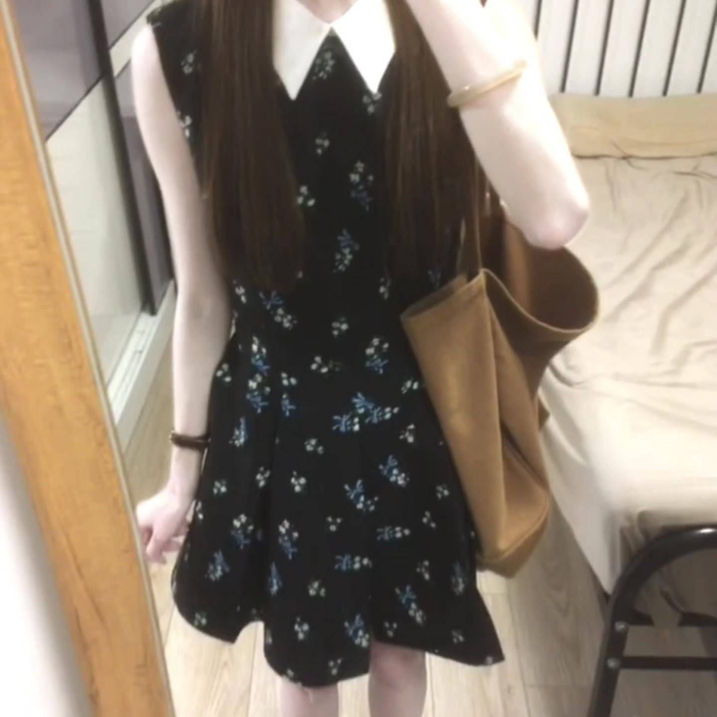 千金风碎花女袖洋无XUF装季修身显瘦背心裙春翻领时尚生日公主裙