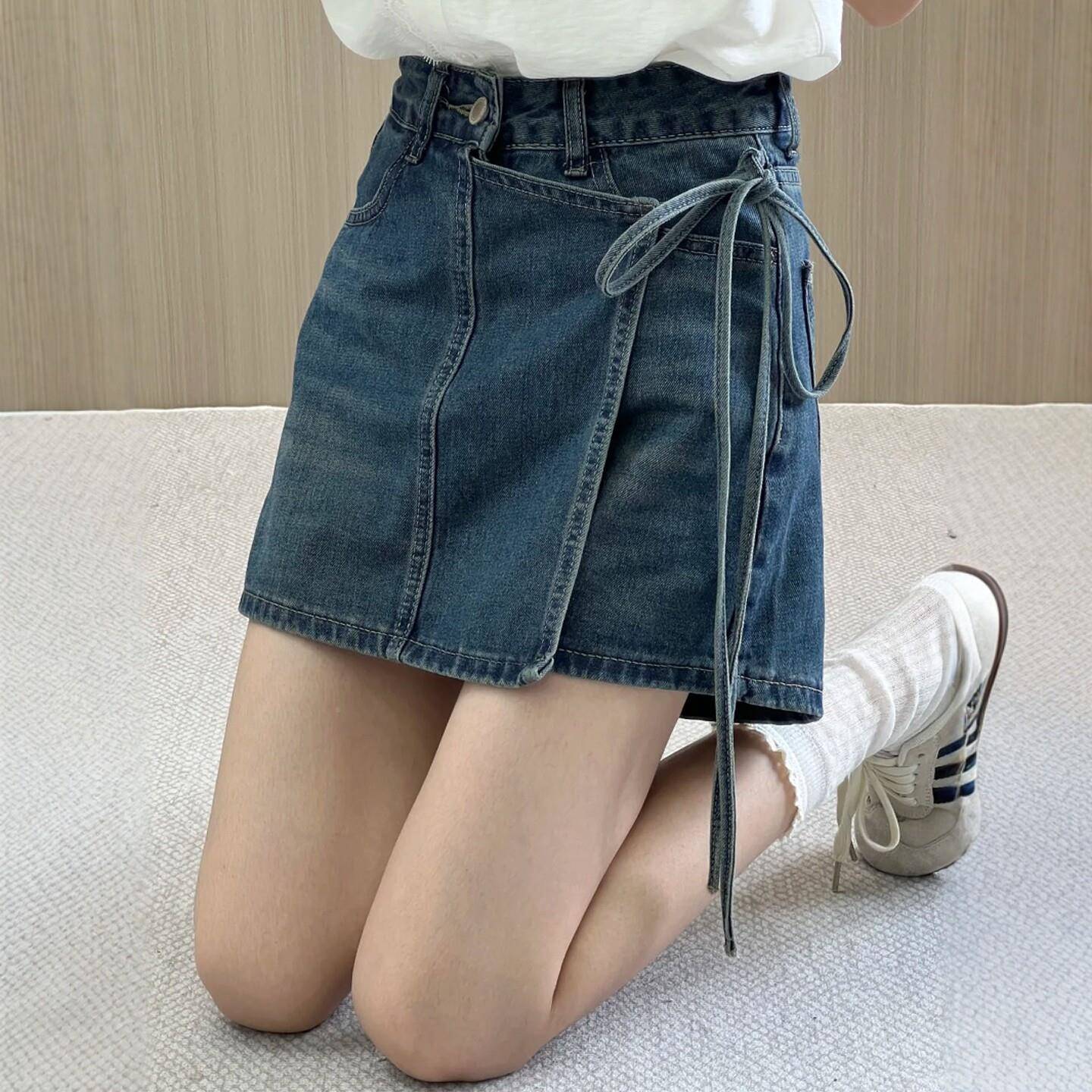 GDA深遮蓝色不规则牛仔短裙女夏大尺码胖mma高腰显肚瘦梨形身材字