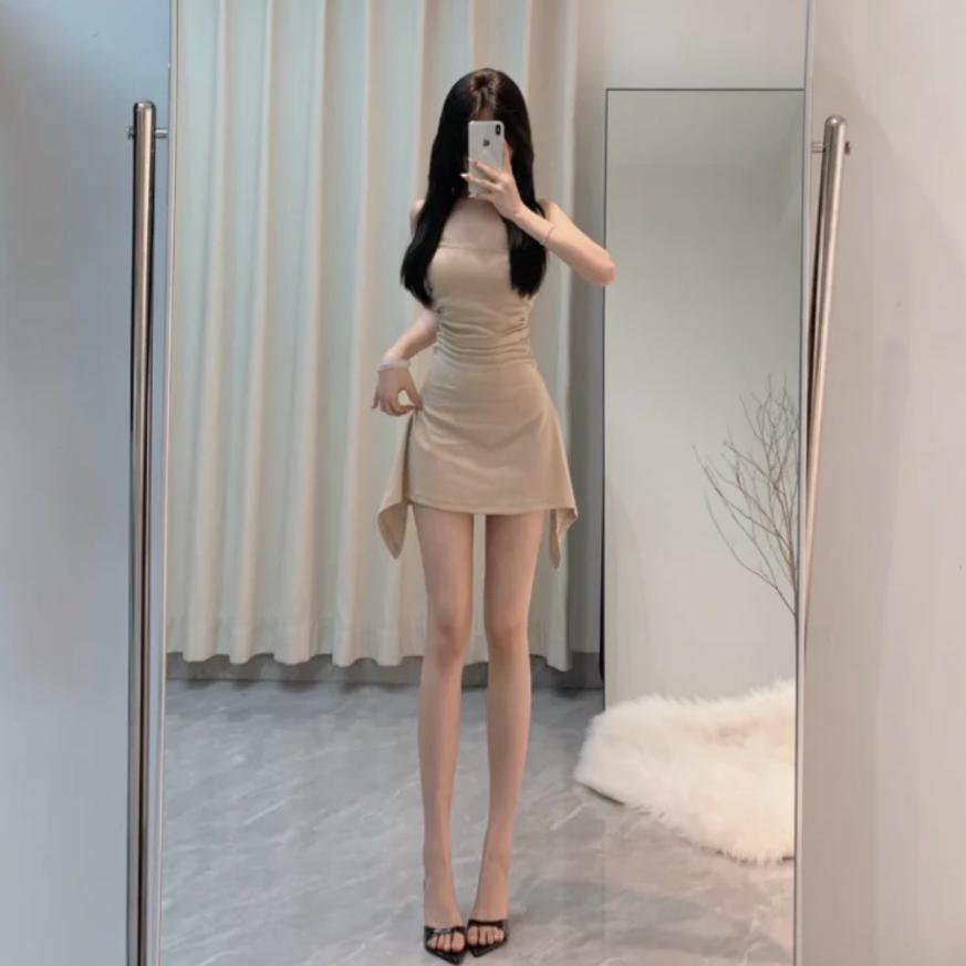 带胸垫纯连欲皱掐腰褶BAA妹修身百搭显白A辣字鱼尾抹胸衣裙短裙子