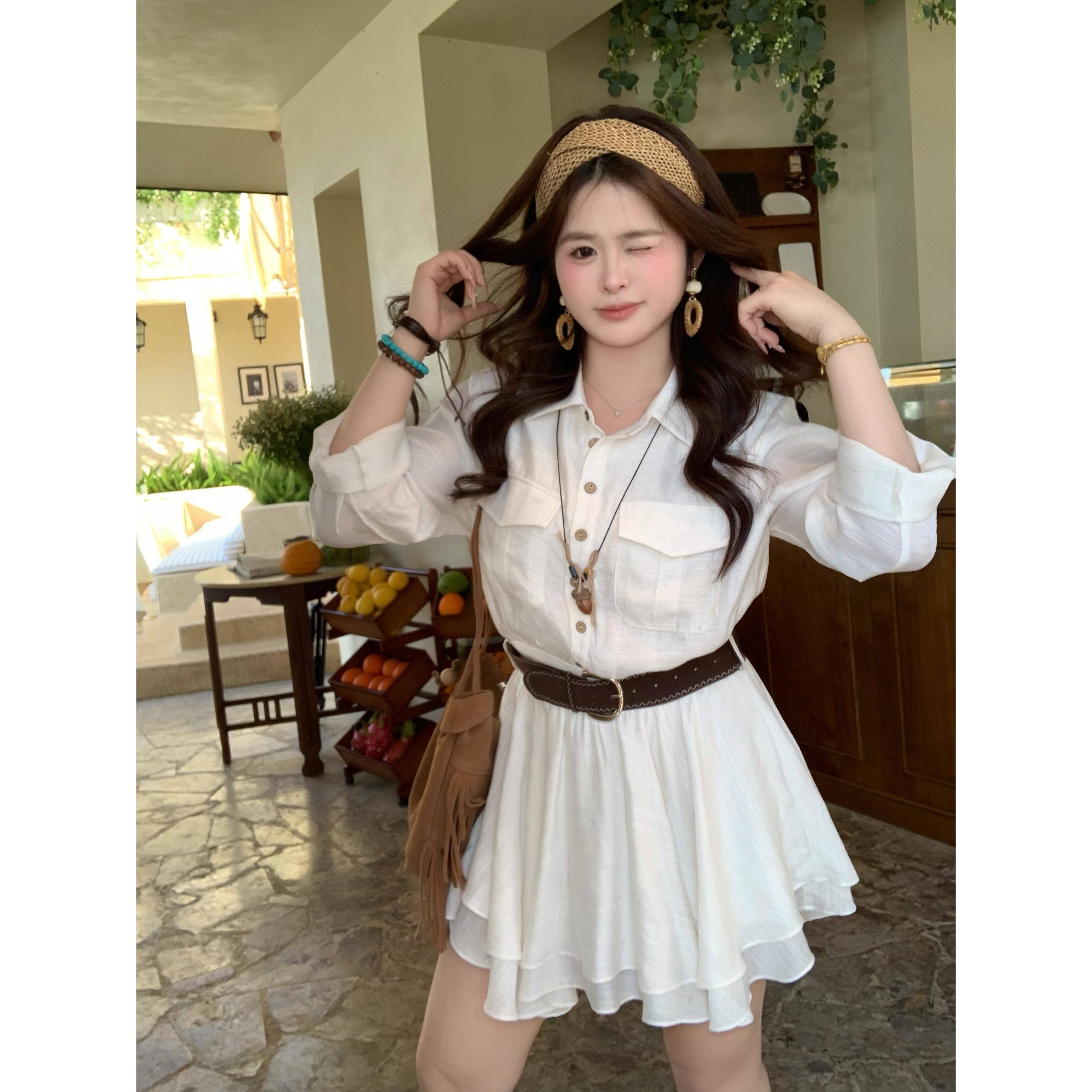 头婷微胖定制系大尺码气质长袖大衬衫夏裙女2韩026CEL收腰荷叶边