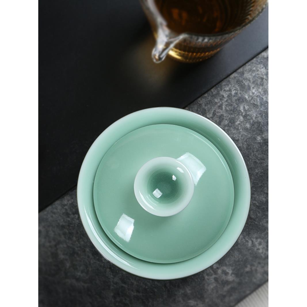青盖碗单用个功夫茶碗盖带三才茶杯龙泉陶瓷瓷家纯手工0224SQT1泡