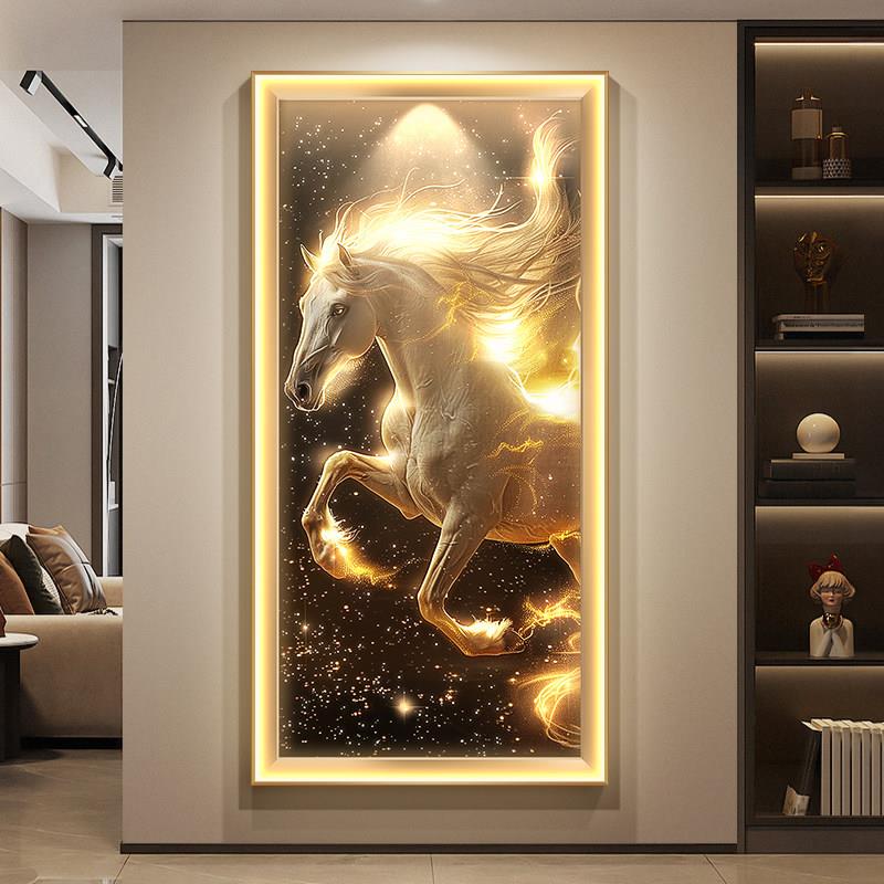 骏马到成功玄关装饰画入户门正对墙发光挂画轻奢抽象走廊带灯壁画