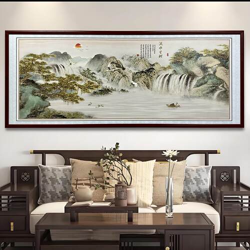 鎏金立体浮雕装饰画新中式客厅山水画茶室办公室横幅挂画带灯光