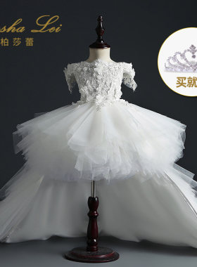 花童礼服女儿童婚纱女童公主裙一字肩拖尾小主持人夏季走秀晚礼服