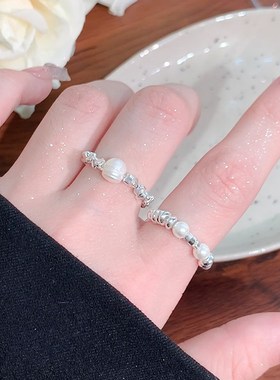 碎银子珍珠戒指女小众设计高级感食指素圈戒指女时尚个性尾戒指环