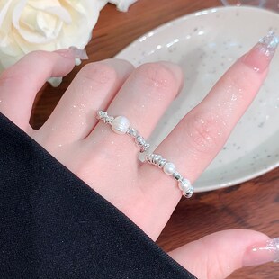 碎银子珍珠戒指女小众设计高级感食指素圈戒指女时尚个性尾戒指环