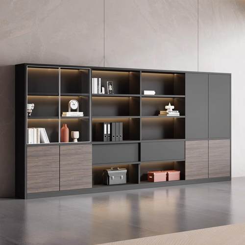 文件柜木质办公室书柜老板背景柜资料柜储物柜简约现代玻璃门靠墙