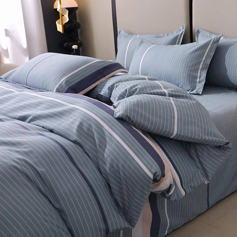 秋冬季纯棉磨毛四件套简约条纹加厚床单被套全棉床上用品三件套
