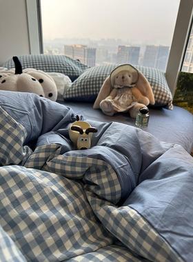 ins水NGY洗棉蓝色小格子床上用品8四套件文艺1.5m1.米舍学生宿三