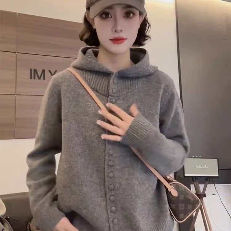 灰色连帽毛衣女秋冬季慵懒风软糯宽松洋气针织开衫高级感外穿上衣