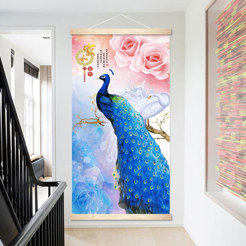 入户玄关画装饰画进门走廊孔雀布艺画轴客厅卧室餐厅壁画过道挂画