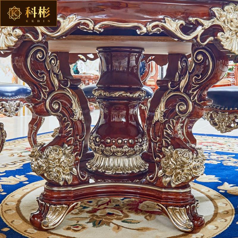 欧式圆桌美式别墅仿古大理石实木雕花烤漆带转盘家用酒店吃饭餐桌
