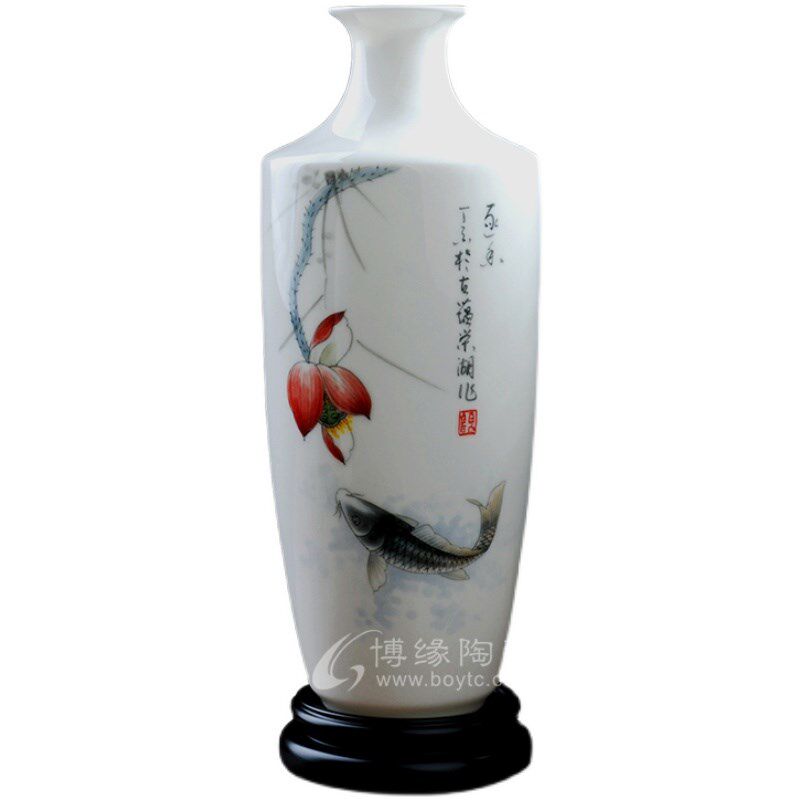 手绘荷花鱼乐荷韵戏鱼陶瓷德化白 瓷花瓶家居客厅办公室装饰摆件