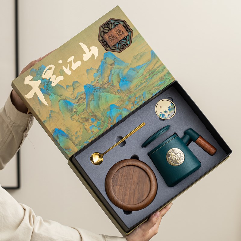 千里江山陶瓷杯礼品套装马克杯子过滤水杯铜牌杯定制雕刻LOGO广告