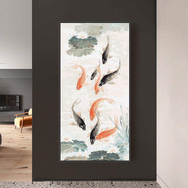 数字油画diy填色手绘油彩画玄关中式国风填充丙烯画装饰画 九鱼图
