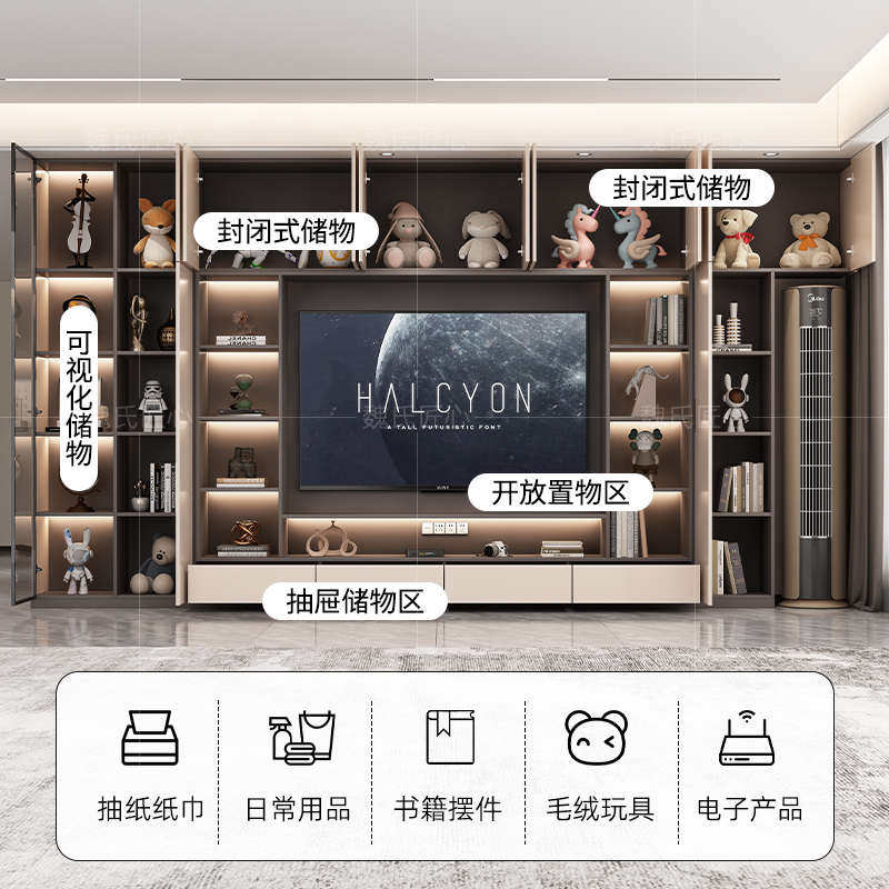 电视柜客厅背景墙柜一体组合柜收纳实木柜子储物柜家用电视机