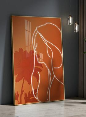 现画代轻奢客厅玄关装饰画橙色S-1339象条美线女艺术背景墙壁竖版
