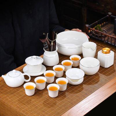 高档羊用脂玉夫白28103瓷家茶具套装功茶杯客厅办公室泡茶描金盖