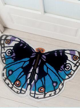 新款蓝色蝴蝶刺绣地毯现代简约时尚地垫家居创意门口脚垫静音全铺