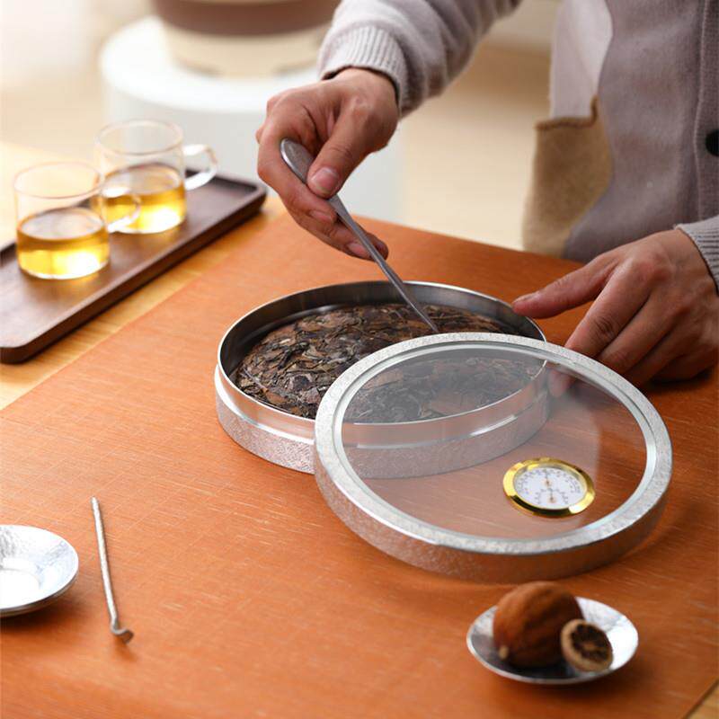 纯锡普洱茶茶饼收纳盒白透明盖带表温罐湿玻璃一饼度储存密封玻璃