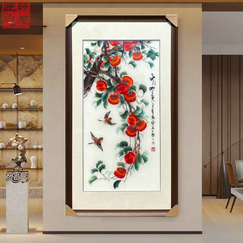 事事如意苏州刺绣纯手工精工蚕丝线柿子花鸟客厅餐厅玄关装饰壁画