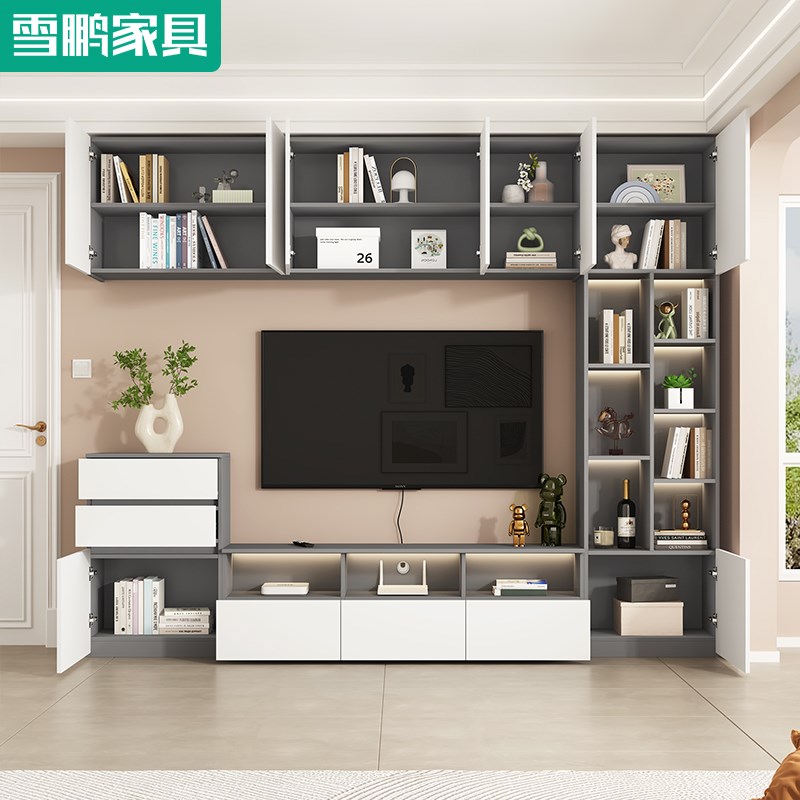 简约组合电视柜客厅家用书柜一体背景墙柜可定制吊柜收纳柜6D95
