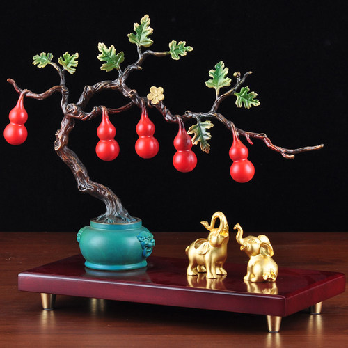 彩铜大象摆件福禄吉祥招财葫芦迎客松工艺品家居客厅玄关装饰品