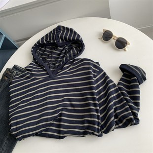 复古薄款条纹长袖连帽衫韩版外套早秋懒惰风宽松显瘦时尚百搭卫衣