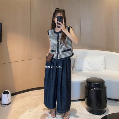 闺蜜装夏季洋气条纹拼接牛仔马甲背心上衣休闲牛仔阔腿裤时尚套装