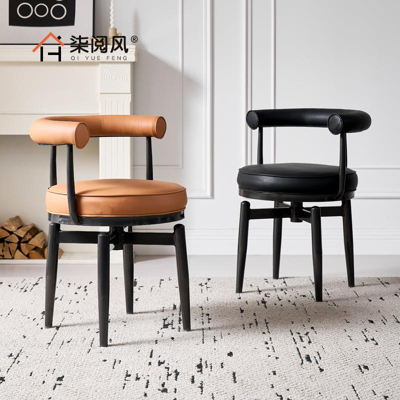 中古铁艺可旋转餐椅家用弹簧坐垫软皮靠背凳子休闲单人办公书桌椅